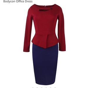 Long Sleeve Peplum Dress Wine/Navy